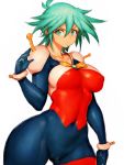  1girl allenby_beardsley bodysuit breasts collarbone covered_nipples fumio_(rsqkr) g_gundam green_eyes green_hair gundam highres lips looking_at_viewer medium_breasts mobile_trace_suit short_hair simple_background solo standing thick_thighs thighs white_background wide_hips 