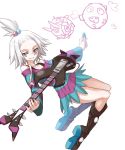  bass_guitar blue_eyes boots dress flew_chicken forehead freckles gen_1_pokemon gen_5_pokemon hair_bobbles hair_ornament highres homika_(pokemon) instrument koffing looking_at_viewer plectrum pokemon pokemon_(game) pokemon_bw2 smile striped striped_dress thighs whirlipede white_hair 