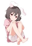  1girl :3 absurdres animal_ears barefoot black_hair bloomers buchi_(y0u0ri_) bunny_tail dress feet floppy_ears hands_on_own_knees highres inaba_tewi knees_up pink_dress puffy_short_sleeves puffy_sleeves rabbit_ears red_eyes ribbon-trimmed_dress short_hair short_sleeves sitting solo tail touhou underwear wavy_hair white_background 