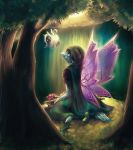  2013 cape commentary dark day drugal english_commentary eye_contact fairy_wings flying forest grass highres hood hoodie kneeling krawk light looking_at_another nature neopets payoki shoes signature sunlight tree wings yellow_eyes 