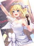  1girl bangs bare_shoulders black_cola blonde_hair blue_eyes blue_ribbon breasts collarbone commentary dress eyebrows_visible_through_hair feathered_wings flower hair_flower hair_ornament hair_ribbon holding honeyworks large_breasts open_mouth ribbon solo white_dress white_flower wings 