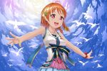  1girl :d ahoge bird blue_skirt blue_sky bow braid breasts clouds clover_hair_ornament collarbone crazypen earrings hair_bow hair_ornament heart heart_earrings jewelry love_live! love_live!_sunshine!! medium_breasts open_mouth orange_hair outstretched_arms outstretched_hand pleated_skirt red_eyes red_ribbon ribbon shiny shiny_hair shirt short_hair single_braid skirt sky sleeveless sleeveless_shirt smile solo standing takami_chika upper_body white_shirt wrist_ribbon yellow_bow 