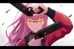 1girl absurdres bangs dual_wielding english_commentary eyebrows_visible_through_hair gun highres holding holding_gun holding_weapon hololive hololive_english jacket jewelry letterboxed mori_calliope necklace parted_lips pink_eyes pink_hair ponytail portrait raven_genesis red_jacket red_nails smile solo sunglasses virtual_youtuber weapon 