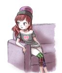  1girl bare_shoulders blush_stickers choker couch hecatia_lapislazuli kamekichi27 long_hair looking_to_the_side oota_jun&#039;ya_(style) open_mouth polos_crown red_eyes redhead shirt short_sleeves shorts simple_background sitting smile solo touhou white_background 