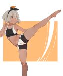  1girl bare_legs barefoot black_hairband collarbone dark_skin eyebrows_visible_through_hair grey_eyes grey_hair hair_between_eyes hairband highres leg_up midriff navel pokemon pokemon_(game) pokemon_swsh s10021 saitou_(pokemon) short_hair shorts solo sports_bra sportswear standing standing_on_one_leg 