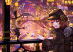  :d androgynous animal_ears backpack bag bag_charm bedroll black_headwear brown_eyes brown_hair charm_(object) cityscape fantasy flower hat hat_flower highres light long_sleeves mask open_mouth original pointing railing sho_(sumika) short_hair smile standing top_hat violet_eyes whale 