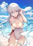  1girl :d anastasia_(fate/grand_order) bangs bare_shoulders beach blue_cape blue_eyes blue_sky blush breasts cape clouds collarbone commentary_request cowboy_shot day eyebrows_visible_through_hair fate/grand_order fate_(series) floating_hair groin hair_between_eyes hair_over_one_eye hair_tucking hairband leaning_forward long_hair looking_at_viewer medium_breasts ocean one-piece_swimsuit open_mouth outdoors revision ritsuki sand signature silver_hair sky smile solo swimsuit very_long_hair wet white_swimsuit wind 