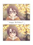  1girl black-framed_eyewear blurry blush bokeh border demirinz depth_of_field fur-trimmed_hood glasses happy_birthday hood hooded_jacket idolmaster idolmaster_million_live! jacket low_twintails portrait red_eyes takayama_sayoko twintails white_border 