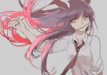  1girl animal_ears breasts collared_shirt eyebrows_visible_through_hair grey_background index_finger_raised joniko1110 long_hair looking_to_the_side medium_breasts multicolored_hair necktie outstretched_arm pink_hair purple_hair rabbit_ears red_eyes red_neckwear reisen_udongein_inaba shirt short_sleeves simple_background solo touhou two-tone_hair upper_body white_shirt wind 