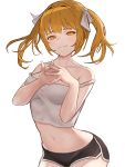  1girl bangs bare_shoulders black_shorts breasts collarbone commentary_request copyright_request fang hair_ornament hair_ribbon looking_at_viewer medium_breasts midriff moth1 orange_eyes orange_hair ribbon shirt short_hair short_shorts shorts skin_fang solo twintails white_ribbon white_shirt 