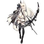  1girl animal_ear_fluff animal_ears arknights asymmetrical_shirt asymmetrical_sleeves bangs belt black_footwear black_gloves black_legwear boots bow_(weapon) breasts brown_eyes cloak compound_bow elbow_gloves expressionless eyebrows_visible_through_hair full_body gloves high_collar holding holding_bow_(weapon) holding_weapon horse_ears horse_girl horse_tail jacket long_hair long_sleeves looking_at_viewer official_art platinum_(arknights) shirt short_shorts shorts skade small_breasts solo standing tachi-e tail thigh-highs transparent_background very_long_hair weapon white_cloak white_hair white_shirt white_shorts wide_sleeves zipper 