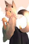  1girl absurdres ahoge animal animal_ear_fluff animal_ears black_hakama blue_eyes blush bracelet braid commentary_request cowboy_shot flower fox_ears fox_girl fox_tail from_side grey_kimono hair_flower hair_ornament hakama hamster highres holding holding_animal hololive japanese_clothes jewelry kimono leaning_forward long_sleeves looking_at_viewer looking_to_the_side medium_hair meng_ge_3_(565571710) parted_lips red_flower shirakami_fubuki side_braid silver_hair smile solo tail two-tone_background virtual_youtuber wide_sleeves 