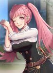  1girl ;q bangs belt black_dress blurry blurry_background breasts brown_belt commentary_request cowboy_shot dress fire_emblem fire_emblem:_three_houses garreg_mach_monastery_uniform gonzarez hands_up highres hilda_valentine_goneril holster interlocked_fingers large_breasts leather_belt long_hair looking_at_viewer one_eye_closed pillar pink_eyes pink_hair shadow sheath sheathed shirt shirt_under_dress sidelocks smile solo sword tongue tongue_out twintails weapon white_shirt 