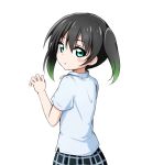  1girl :o anata-chan_(love_live!) bangs black_hair black_skirt blush commentary_request eyebrows_visible_through_hair gradient_hair green_eyes green_hair hair_between_eyes highres kuena looking_at_viewer looking_back love_live! love_live!_school_idol_project multicolored_hair parted_lips shirt short_sleeves simple_background skirt solo twintails white_background white_shirt 