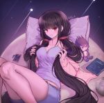  1girl bangs beige_jacket black_hair blunt_bangs book breasts c01a_(cola) collarbone commentary dangan_ronpa eyebrows_visible_through_hair frown hair_ornament harukawa_maki highres long_hair looking_at_viewer low_twintails lying medium_breasts mole mole_under_eye momota_kaito new_dangan_ronpa_v3 on_back phone pillow pink_pajamas pink_shorts red_eyes red_scrunchie scrunchie short_shorts shorts solo star_(sky) stuffed_toy twintails very_long_hair 