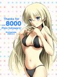  1girl bikini black_bikini blonde_hair blue_eyes breasts commentary_request cowboy_shot dated english_text followers highres jewelry kaginaka_rui long_hair looking_at_viewer medium_breasts necklace original smile solo standing swimsuit twitter_username white_background 