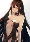  1girl arm_behind_back bangs bare_shoulders black_dress breasts brown_hair center_opening choker collarbone consort_yu_(fate) cowboy_shot dress ear_piercing fate/grand_order fate_(series) groin highres holding_arm jewelry long_hair looking_at_viewer medium_breasts multiple_piercings navel open_mouth piercing red_eyes revealing_clothes solo strapless very_long_hair yami_kyon_oov 