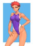  1girl artist_name bang-you black_hair blue_background commentary_request competition_swimsuit contrapposto covered_navel covered_nipples cowboy_shot dated hand_on_hip highleg highleg_swimsuit highres looking_at_viewer multicolored_hair one-piece_swimsuit original purple_swimsuit red_eyes redhead solo swimsuit swimsuit_under_clothes tan two-tone_background two-tone_hair white_background 
