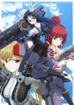  3girls alice_gear_aegis black_legwear blonde_hair blue_gloves blue_hair closed_mouth commentary_request company_name eyebrows_visible_through_hair fujino_yayoi glasses gloves green_eyes grey_eyes hair_between_eyes headphones highres holding holding_weapon mecha_musume momoshina_fumika multiple_girls open_mouth pantyhose ponytail redhead rita_henschel shirt sky smile striped striped_shirt weapon white_gloves yanase_takayuki 