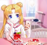  1girl bishoujo_senshi_sailor_moon blonde_hair blue_eyes blurry blurry_background cake cat cellphone double_bun earrings floating_hair food grin head_rest highres holding holding_phone indoors iren_lovel jewelry long_hair looking_to_the_side luna_(sailor_moon) phone shiny shiny_hair shirt short_sleeves smartphone smile solo tsukino_usagi twintails upper_body very_long_hair white_shirt 