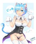  1girl animal_ears artist_name bangs black_panties blue_eyes blue_hair blush breasts cat_ears cat_paws cat_tail commentary_request dated eyebrows_visible_through_hair gloves hair_ornament hair_over_one_eye hair_ribbon happy_birthday highres looking_at_viewer maid micro_panties mint_(cerbi) one_eye_closed panties paws pink_ribbon re:zero_kara_hajimeru_isekai_seikatsu rem_(re:zero) ribbon short_hair solo tail thigh-highs translation_request underwear white_gloves white_legwear x_hair_ornament 