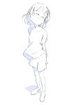  1girl ^_^ arms_behind_back closed_eyes closed_mouth dot_nose facing_away full_body greyscale happy highres monochrome original poyozoo_(poyozoz) shirt shoes short_hair short_sleeves simple_background smile solo spot_color standing white_background wind 