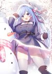  1girl :d bangs blue_hair blush boots breasts choker coat_dress day emori_miku emori_miku_project eyebrows_visible_through_hair grey_legwear hair_ornament hairclip hands_up heart heart_choker highres knee_boots large_breasts long_hair looking_at_viewer miko_92 mittens open_mouth outdoors panties purple_coat purple_panties sash skindentation smile snowing snowman solo thigh-highs tree underwear very_long_hair violet_eyes 