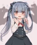  1girl black_ribbon blush brown_eyes dress eyebrows_visible_through_hair grey_hair hair_ribbon heart heart-shaped_pupils kantai_collection kasumi_(kantai_collection) long_hair long_sleeves looking_at_viewer glasses_poni open_mouth pinafore_dress remodel_(kantai_collection) ribbon scared school_uniform shadow shirt side_ponytail sleeveless sleeveless_dress symbol-shaped_pupils white_shirt 