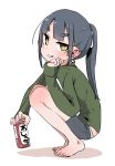  1girl akari_(raigou) alcohol beer beer_can bike_shorts black_hair can from_side hand_on_own_cheek holding holding_can long_hair long_sleeves looking_at_viewer original ponytail raigou solo squatting thick_eyebrows toes yellow_eyes 