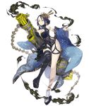  1girl black_hair breasts cannon chain detached_sleeves earrings flower full_body hair_between_eyes hair_flower hair_ornament jewelry ji_no large_breasts looking_at_viewer official_art platform_footwear sandals single_thighhigh sinoalice smile smoke snake_tattoo solo tattoo thigh-highs transparent_background wide_sleeves 