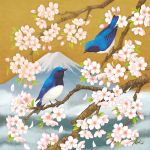  animal bird bluebird branch flower mount_fuji no_humans original pink_flower plant signature takigraphic tree_branch yellow_sky 
