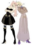  2girls anger_vein blonde_hair blue_eyes blue_hairband boots constance_von_nuvelle crossed_arms darkgreyclouds fire_emblem fire_emblem:_three_houses garreg_mach_monastery_uniform hairband high_heel_boots high_heels hilda_valentine_goneril long_hair long_sleeves multicolored_hair multiple_girls parted_lips pink_eyes pink_hair purple_hair simple_background thigh-highs twintails uniform white_background 