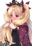  1girl bangs blonde_hair blush bow cape commentary_request embarrassed ereshkigal_(fate/grand_order) eyebrows_visible_through_hair fate/grand_order fate_(series) hair_bow highres holding holding_hair long_hair long_sleeves looking_at_viewer nakaji_(user_snap3353) nose_blush parted_bangs purple_bow purple_cape red_eyes simple_background skull solo tiara two_side_up upper_body very_long_hair white_background 
