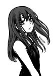  1girl black_dress dress greyscale highres izumi_(toubun_kata) long_hair looking_at_viewer mieruko-chan monochrome parted_lips simple_background solo twitter_username upper_body white_background yotsuya_miko 