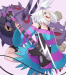  bass_guitar blue_eyes dress gen_1_pokemon gen_5_pokemon guitar hair_bobbles hair_ornament homika_(pokemon) instrument jumping kaito_nina koffing looking_at_viewer plectrum pokemon pokemon_(game) pokemon_bw2 pokemon_masters smile striped striped_dress whirlipede white_hair 