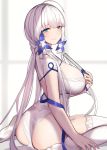  1girl ass azur_lane bangs blue_eyes blush breasts commentary_request dress eyebrows_visible_through_hair from_side hair_ornament hair_ribbon illustrious_(azur_lane) large_breasts long_hair looking_at_viewer mole mole_under_eye ribbon sitting siu_(siu0207) smile solo thigh-highs white_dress white_hair 