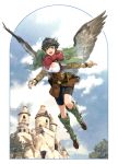  1girl bike_shorts black_eyes black_hair building capelet commentary_request fantasy feathered_wings flying highres kneehighs looking_at_viewer pixiv_fantasia pixiv_fantasia_age_of_starlight sankyou scabbard sheath sheathed short_hair sky solo sword weapon wings 