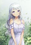  1girl blurry blurry_background closed_mouth collarbone commentary_request day depth_of_field dress highres leaves_in_wind long_hair looking_at_viewer lunacle original outdoors shoulder_cutout silver_hair smile solo upper_body v_arms very_long_hair violet_eyes white_dress 