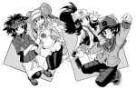  2boys 2girls ayateaori baseball_cap black_(pokemon) commentary full_body greyscale hat lack-two_(pokemon) long_hair looking_at_viewer monochrome multiple_boys multiple_girls pants pokemon pokemon_special shoes shorts smile sneakers very_long_hair whi-two_(pokemon) white_(pokemon) 