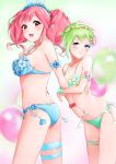  2girls :d :t animal_ears arm_grab bangs bikini blue_eyes blue_hair blue_hairband blush bracelet breasts closed_mouth collarbone fake_animal_ears floating_hair flower gradient_hair green_bikini green_hair groin hair_between_eyes hair_flower hair_ornament hairband head_wreath highres jewelry leaning_forward long_hair looking_at_viewer macross macross_delta makina_nakajima medium_breasts multicolored_hair multiple_girls open_mouth pink_hair pointy_ears rabbit_ears red_eyes reina_prowler shiny shiny_hair short_hair side-tie_bikini sideboob small_breasts smile standing swimsuit thigh_strap white_background yumemo 