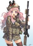 1girl american_flag assault_rifle camouflage commentary foregrip gun handgun headset helmet holding holding_gun holding_weapon holster holstered_weapon kws load_bearing_vest long_hair military night_vision_device open_mouth original pink_hair pistol rifle solo suppressor thigh-highs violet_eyes weapon weapon_request zettai_ryouiki 