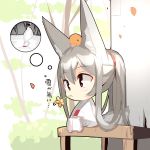  1girl absurdres animal animal_ear_fluff animal_ears animal_on_head bangs barefoot bird blush brown_flower chibi closed_mouth commentary_request eyebrows_visible_through_hair flower fox_ears fox_girl fox_tail grey_hair hair_between_eyes hair_rings highres japanese_clothes kimono long_hair long_sleeves looking_away mouth_hold obi on_head original patches petals ponytail red_eyes sash sitting snow solo stuck tail thought_bubble translation_request tree very_long_hair white_kimono wide_sleeves yuuji_(yukimimi) 