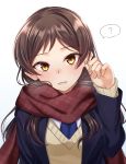  1girl ? bangs black_rabbit blazer blue_jacket blush brown_hair eyebrows_visible_through_hair head_tilt highres idolmaster idolmaster_million_live! jacket kitazawa_shiho long_hair long_sleeves looking_at_viewer open_blazer open_clothes open_jacket open_mouth parted_bangs red_scarf scarf school_uniform shiny shiny_hair simple_background solo speech_bubble sweater upper_body white_background 