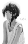  1girl akira_(aristole) asymmetrical_hair closed_mouth commentary_request hair_ornament hairclip iwakura_lain looking_at_viewer medium_hair monochrome serial_experiments_lain simple_background solo tank_top white_background 