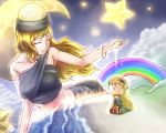  absurdres ass beach breasts chibi clouds dress goddess hat hecatia_lapislazuli hecatia_lapislazuli_(moon) highres junko_(touhou) kamekichi27 kneeling large_breasts long_hair moon navel o_o ocean rainbow star tears touhou 