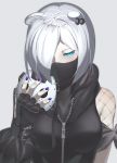  1girl absurdres animal_ears arknights balaclava bangs black_bodysuit blue_eyes bodysuit breasts earrings fingerless_gloves fishnets gloves grey_background hair_over_one_eye half-closed_eyes half_mask highres holding holding_mask hooded_vest jewelry looking_at_viewer mask ninja partial_bodysuit piercing purple_nails shirayuki_(arknights) short_hair silver_hair simple_background slit_pupils small_breasts solo takechii_(user_fpya5735) upper_body zipper 