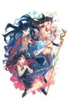  2girls armpits bangs bare_shoulders black_hair black_skirt blue_eyes brown_footwear character_name commentary eyebrows_visible_through_hair fate_(series) highres holding holding_staff ishtar_(fate)_(all) ishtar_(fate/grand_order) jacket long_hair looking_at_viewer multicolored_hair multiple_girls multiple_views navel red_eyes red_jacket red_ribbon redhead ribbon shirt shoes skirt smile staff toosaka_rin two-tone_hair white_shirt yorktown_cv-5 