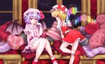  2girls bat_wings blonde_hair bow commentary_request dress flandre_scarlet hand_up hat hat_bow heart highres looking_at_viewer multiple_girls pillow pink_dress purple_hair red_dress red_eyes red_footwear remilia_scarlet sash short_hair siblings sisters sitting tayutai_(user_xruy3332) touhou window wings 