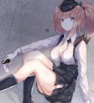  1girl anchor_hair_ornament atlanta_(kantai_collection) black_footwear black_headwear black_skirt boots breasts brown_hair coffee_cup cup disposable_cup dress_shirt earrings garrison_cap garter_straps gloves grey_eyes hair_ornament hat high-waist_skirt highres jewelry kantai_collection large_breasts long_hair long_sleeves partly_fingerless_gloves rudder_footwear sa-ya2 shirt skirt star star_earrings suspender_skirt suspenders thigh_strap two_side_up white_gloves white_shirt 