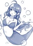  1girl ahoge bikini blush breasts bubble head_fins long_hair looking_at_viewer mermaid monochrome monster_girl navel open_mouth sei000 simple_background solo swimsuit underwater white_background 